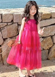 Simple Red Square Collar Patchwork Tulle Girls Long Holiday Dress Sleeveless