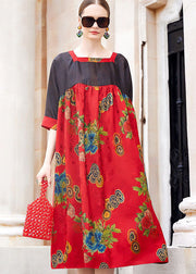 Simple Red Square Collar Print Patchwork Long Dress Short Sleeve