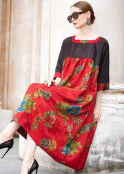 Simple Red Square Collar Print Patchwork Long Dress Short Sleeve