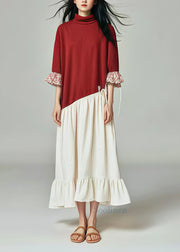 Simple Red Turtle Neck Patchwork Cotton Maxi Dress Summer