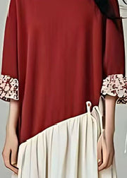 Simple Red Turtle Neck Patchwork Cotton Maxi Dress Summer