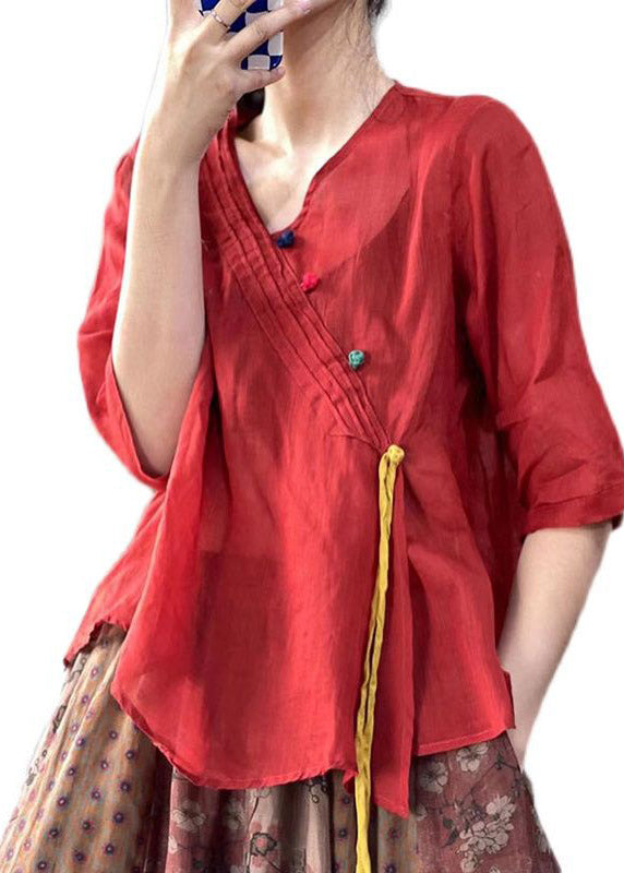 Simple Red V Neck Button Linen Shirt Half Sleeve