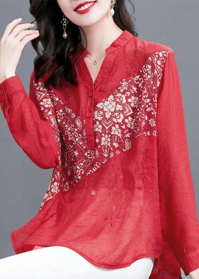 Simple Red V Neck Print Zircon Patchwork Chiffon Shirt Top Long Sleeve