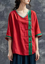 Simple Red V Neck Striped Patchwork Tops Summer