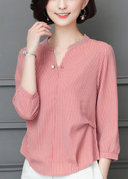 Simple Red V Neck Wrinkled Striped Chiffon Blouse Top Bracelet Sleeve