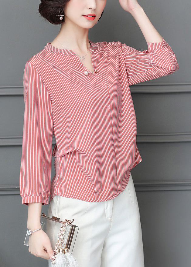 Simple Red V Neck Wrinkled Striped Chiffon Blouse Top Bracelet Sleeve