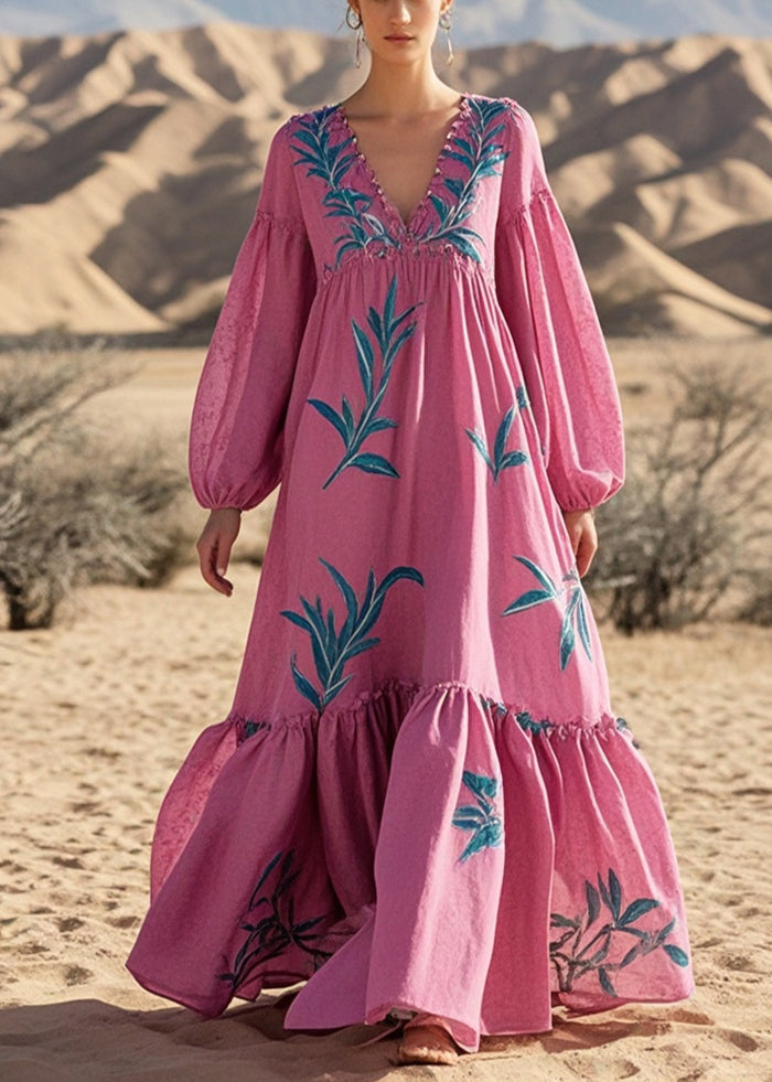 Simple Rose Oversized Print Cotton Long Dresses Spring