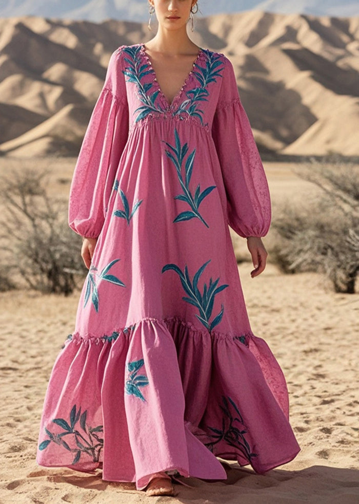 Simple Rose Oversized Print Cotton Long Dresses Fall