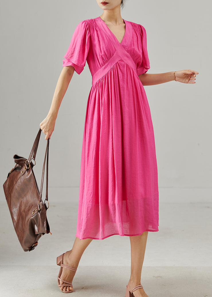 Simple Rose V Neck Wrinkled Cotton Dresses Summer