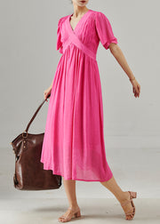 Simple Rose V Neck Wrinkled Cotton Dresses Summer