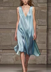 Simple Sea Blue V Neck Draping Silk Dresses Summer