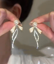 Simple Silk Alloy Butterfly Zircon Pearl Tassel Drop Earrings