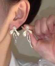 Simple Silk Alloy Butterfly Zircon Pearl Tassel Drop Earrings
