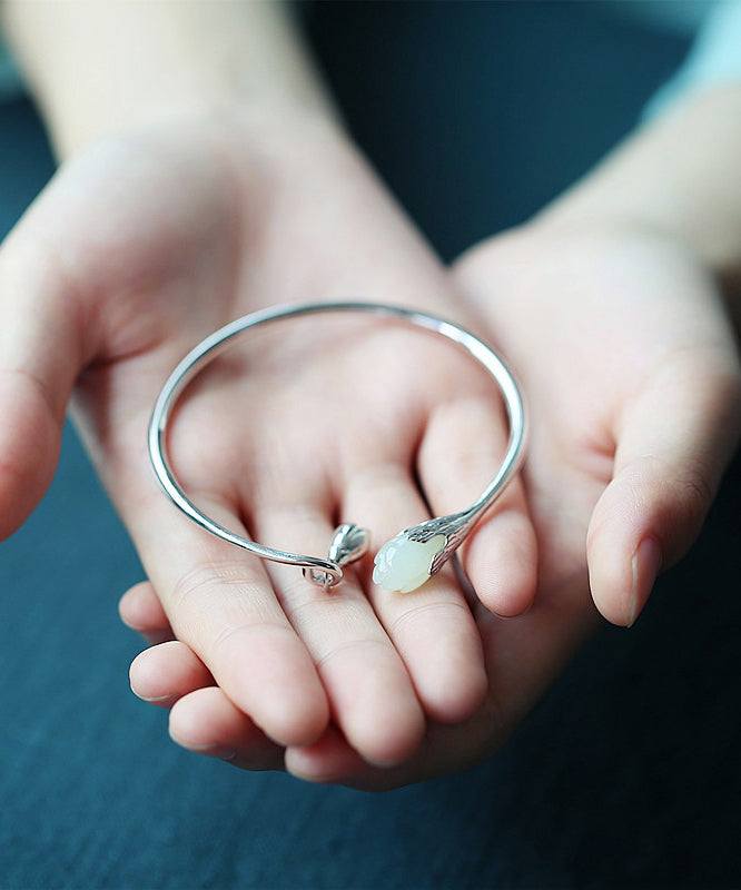 Simple Silk Sterling Silver Inlaid Jade Cuff Bangle