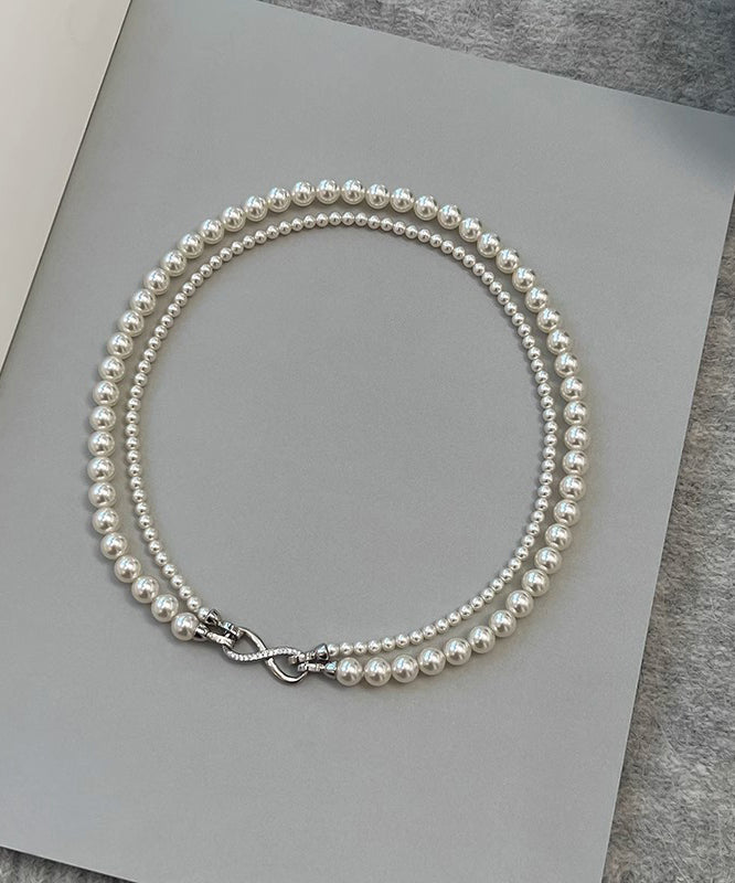 Simple Silk Sterling Silver Round Pearl Sweater Graduated Bead Necklace