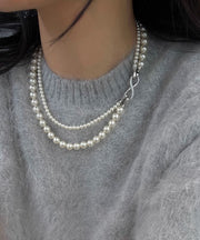 Simple Silk Sterling Silver Round Pearl Sweater Graduated Bead Necklace