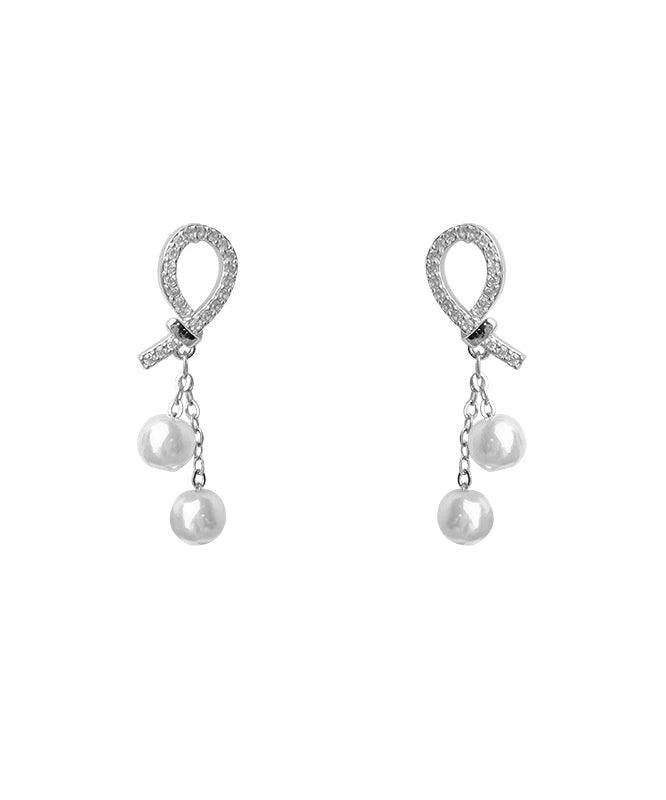 Simple Silk Sterling Silver Zircon Pearl Tassel Drop Earrings