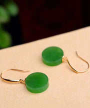 Simple Spinach Green 18K Gold Inlaid Jade Round Brand Drop Earrings