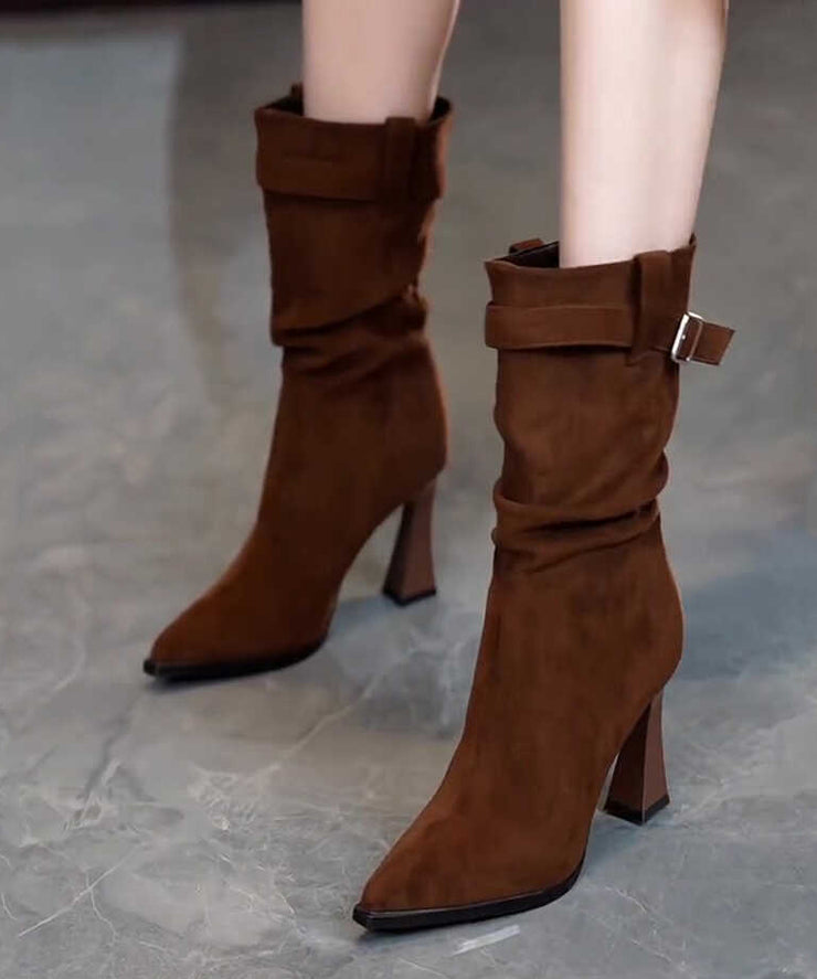 Simple Splicing Chunky Heel Boots Chocolate Suede Pointed Toe