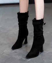 Simple Splicing Chunky Heel Boots Chocolate Suede Pointed Toe