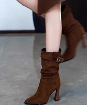 Simple Splicing Chunky Heel Boots Chocolate Suede Pointed Toe