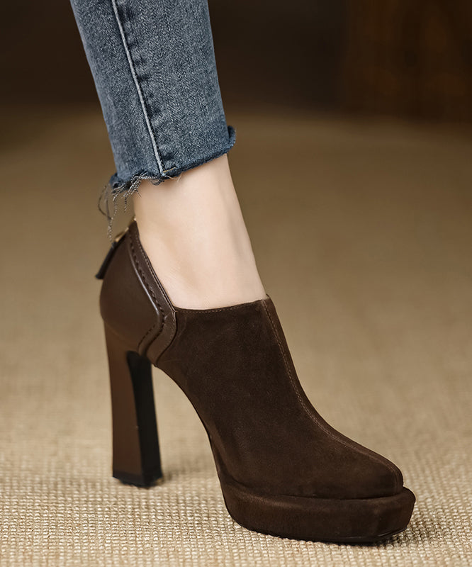 Simple Splicing Chunky High Heels Brown Suede