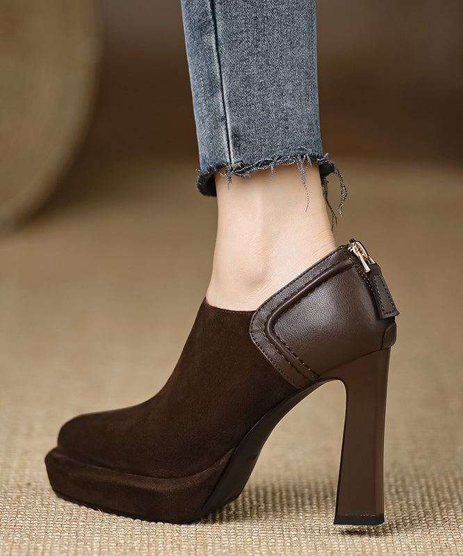 Simple Splicing Chunky High Heels Brown Suede