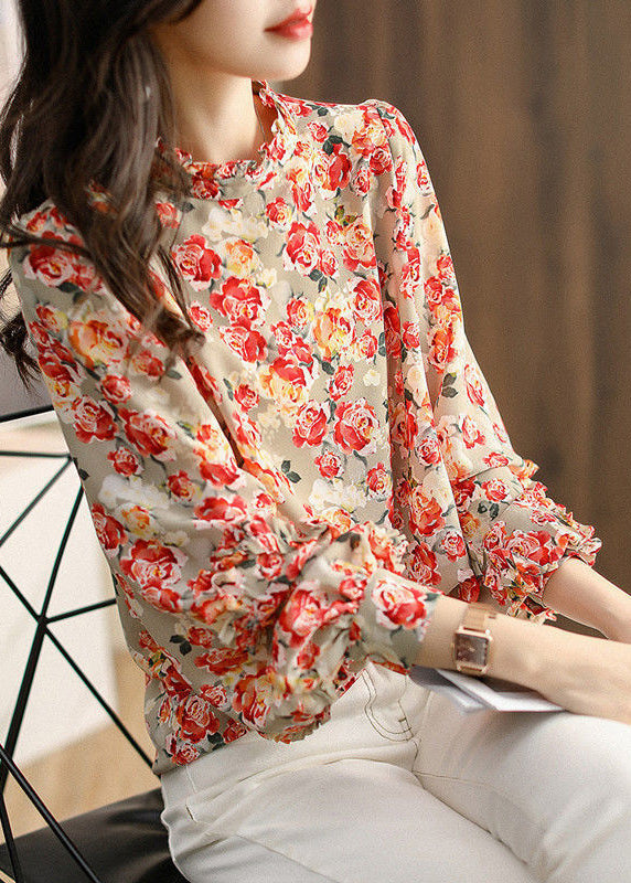 Simple Stand Collar Print Wrinkled Chiffon Shirt Lantern Sleeve