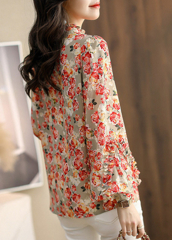 Simple Stand Collar Print Wrinkled Chiffon Shirt Lantern Sleeve