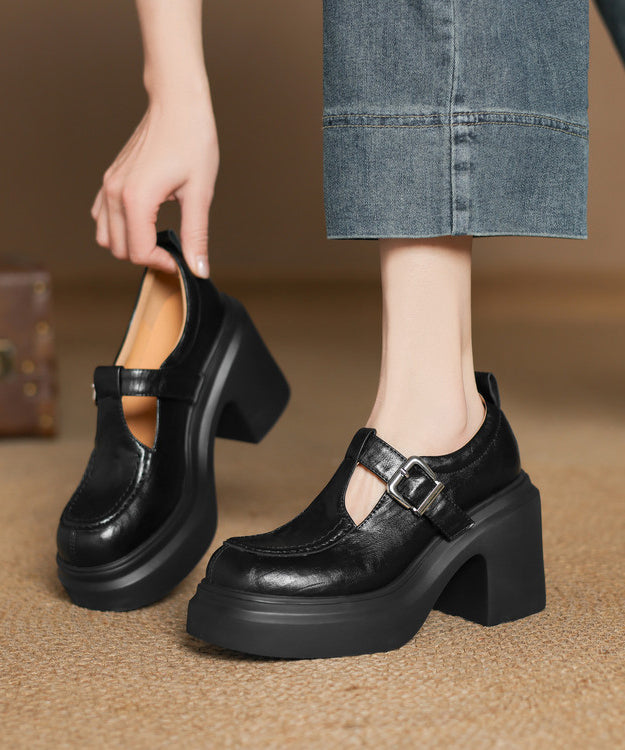 Simple Style Black Hollow Out Buckle Strap Splicing Chunky High Heels