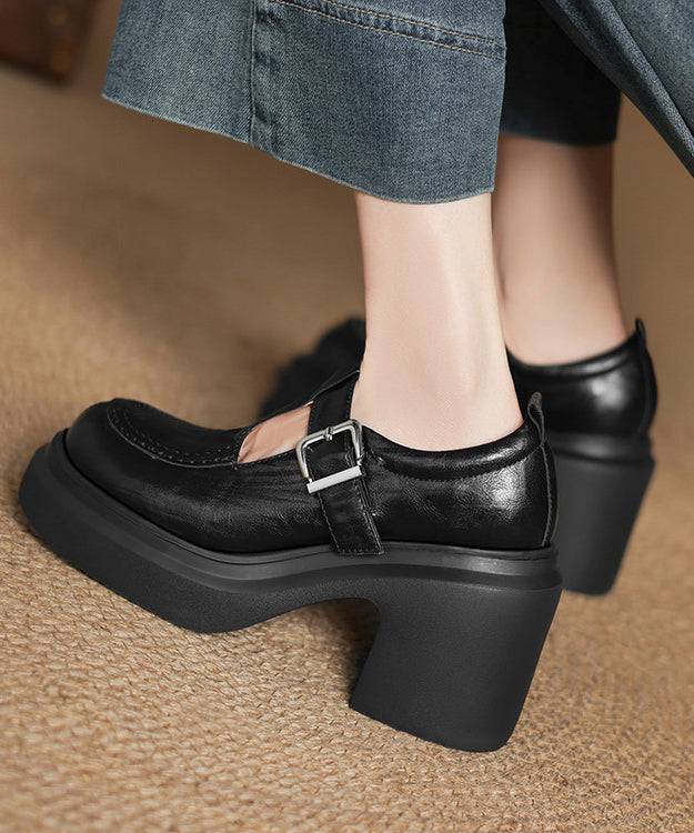 Simple Style Black Hollow Out Buckle Strap Splicing Chunky High Heels