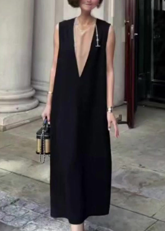 Simple Style Black V Neck Cotton Long Dresses Sleeveless