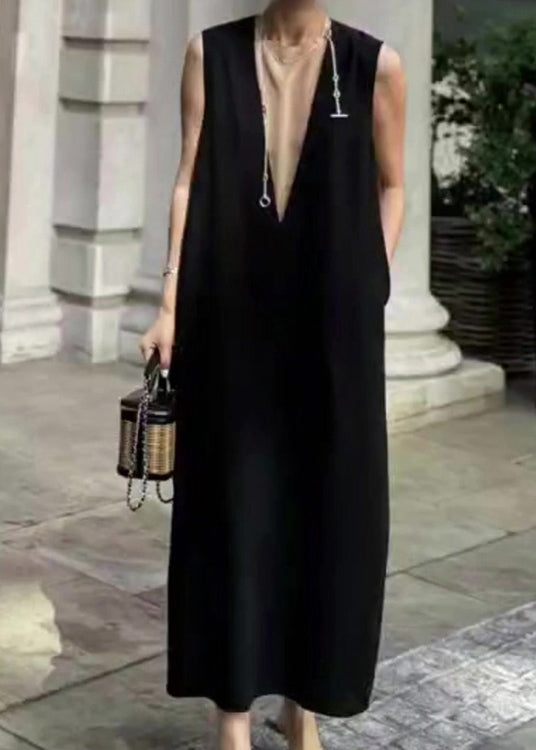 Simple Style Black V Neck Cotton Long Dresses Sleeveless