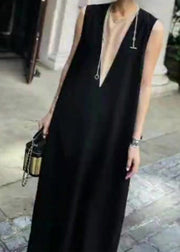 Simple Style Black V Neck Cotton Long Dresses Sleeveless