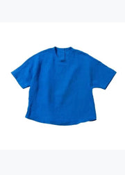Simple Style Blue O Neck Linen T Shirt Top Summer