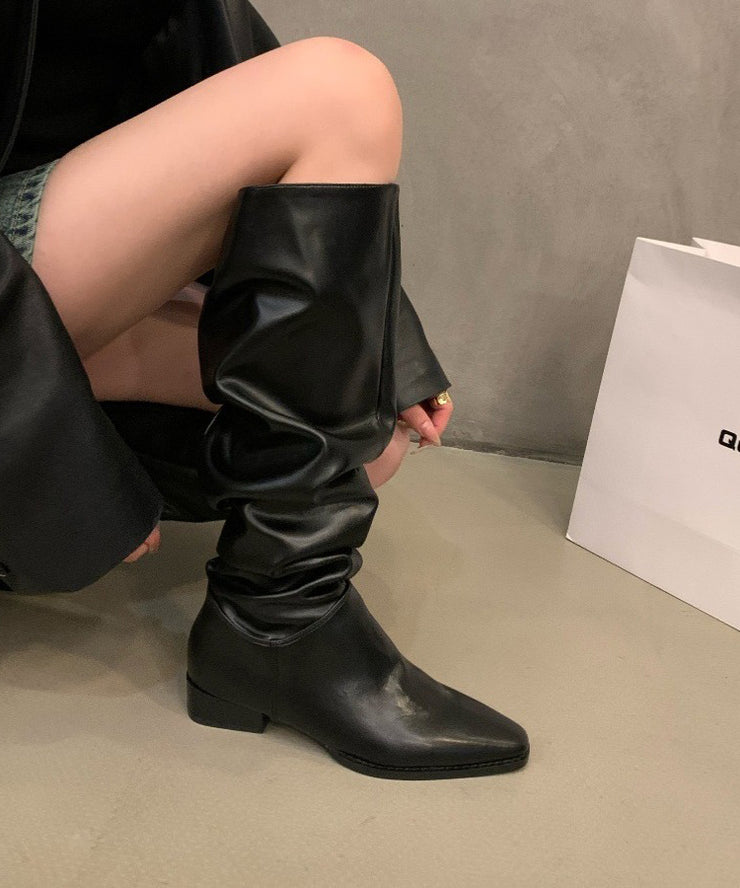 Simple Style Chunky Boots Black Cowhide Leather