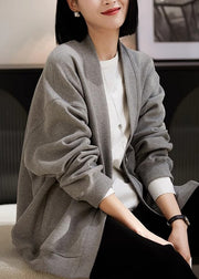 Simple Style Grey V Neck Pockets Cotton Cardigans Spring