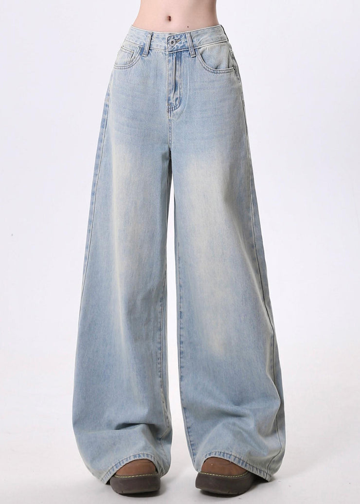 Simple Style Light Blue Pockets Denim Wide Leg Pants Spring