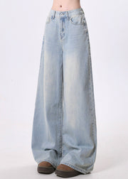 Simple Style Light Blue Pockets Denim Wide Leg Pants Spring