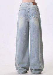 Simple Style Light Blue Pockets Denim Wide Leg Pants Spring