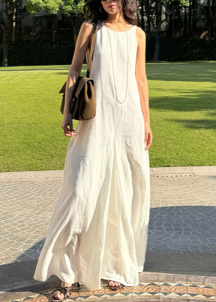 Simple Style White O Neck Cotton Long Dress Sleeveless