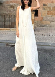 Simple Style White O Neck Cotton Long Dress Sleeveless