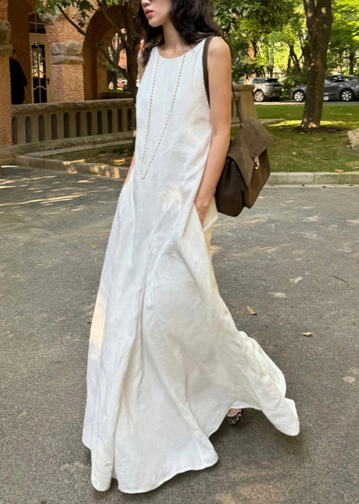 Simple Style White O Neck Cotton Long Dress Sleeveless