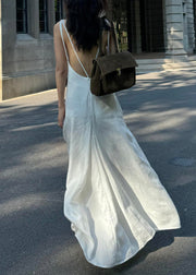 Simple Style White O Neck Cotton Long Dress Sleeveless