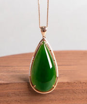 Simple Tea Green Sterling Silver 18K Inlaid Jade Pendant Necklace