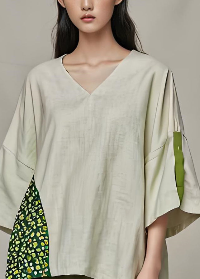 Simple V Neck Asymmetrical Patchwork Cotton Tops Summer