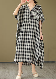 Simple V Neck Plaid Patchwork Side Open Linen Maxi Dress Short Sleeve