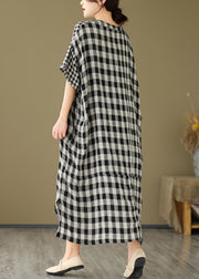 Simple V Neck Plaid Patchwork Side Open Linen Maxi Dress Short Sleeve