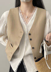 Simple Versatile Khaki V Neck Button Vest Tops Sleeveless