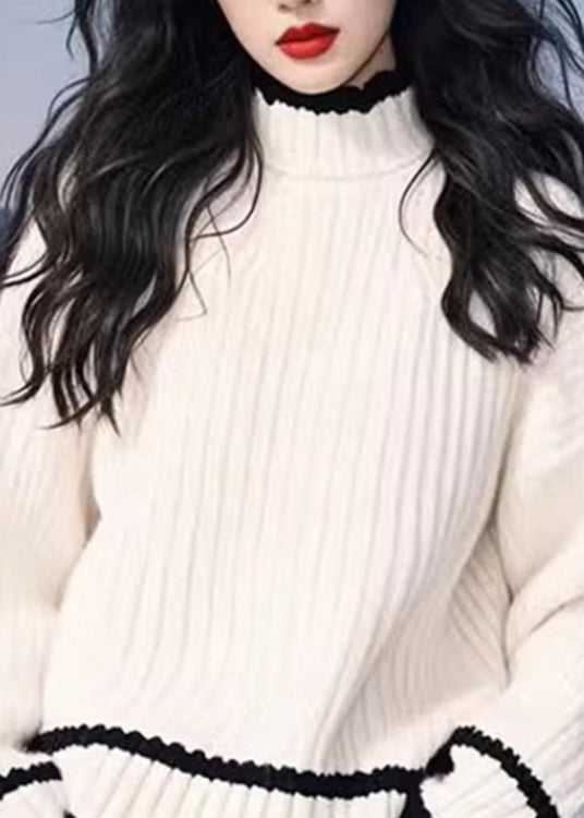 Simple Versatile White O Neck Thick Knit Sweaters Spring